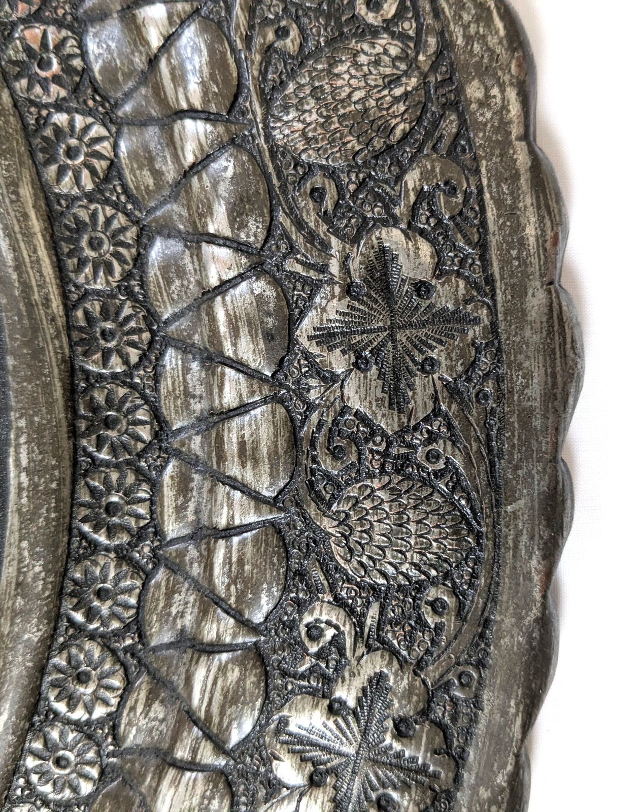 Antique Islamic Qajar Tinned Brass Charger With Intricate Hammered And Etched Scenery photo vintage