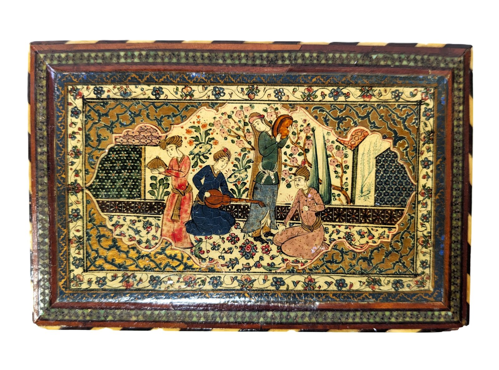 Antique Qajar Islamic Wooden Khatam Marquetry Box With Miniature Paintings photo furniture