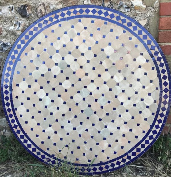 Tavole Calde 100cm Diam Dk Blue/Natural Handmade Mosaic Tile Dining Table, & Iron Base With  2 Sealers New Unused Old Stock photo for sale