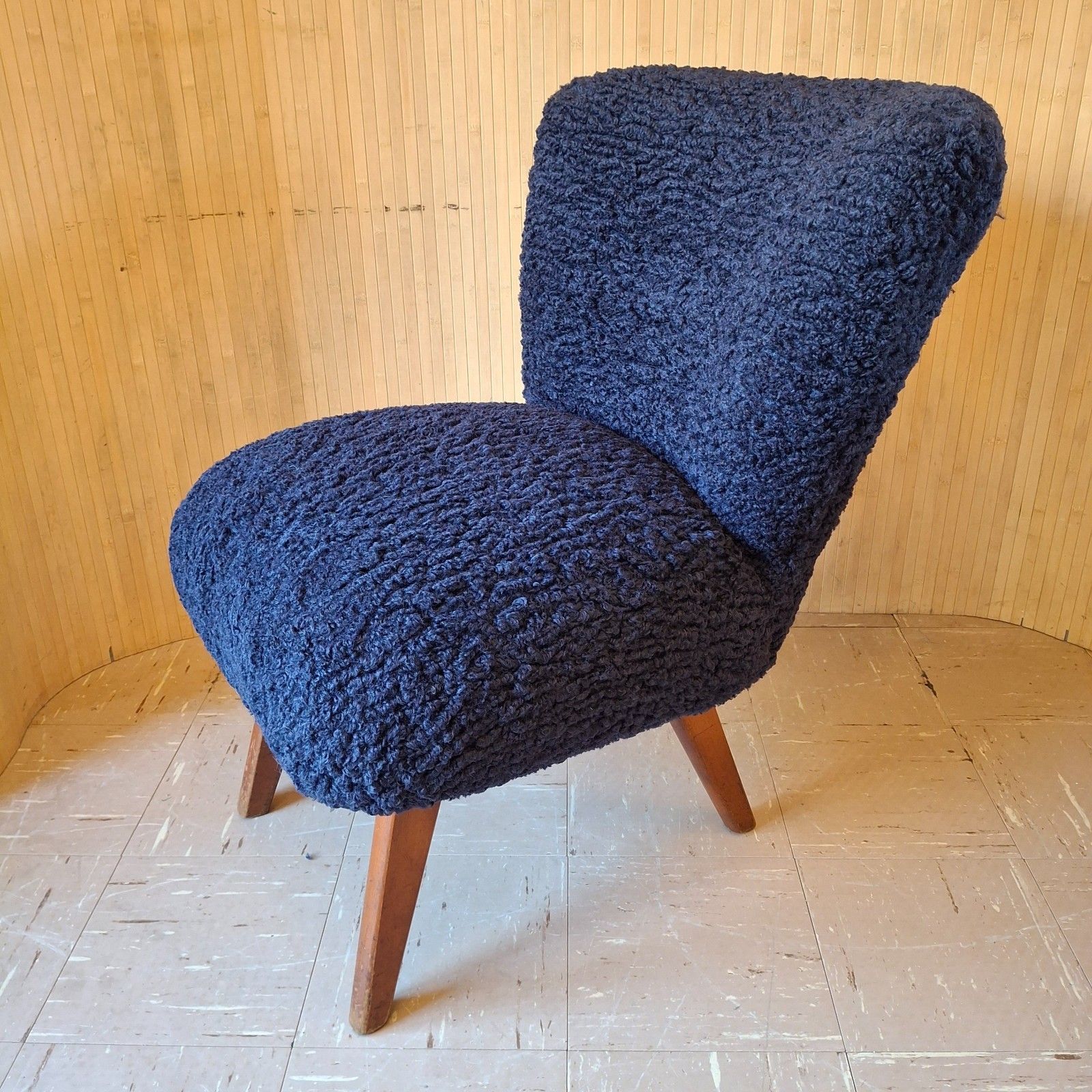 Fab Vintage Mid Century German Bartholomew Cocktail Chair Navy Ink Blue Faux Fur photo vintage