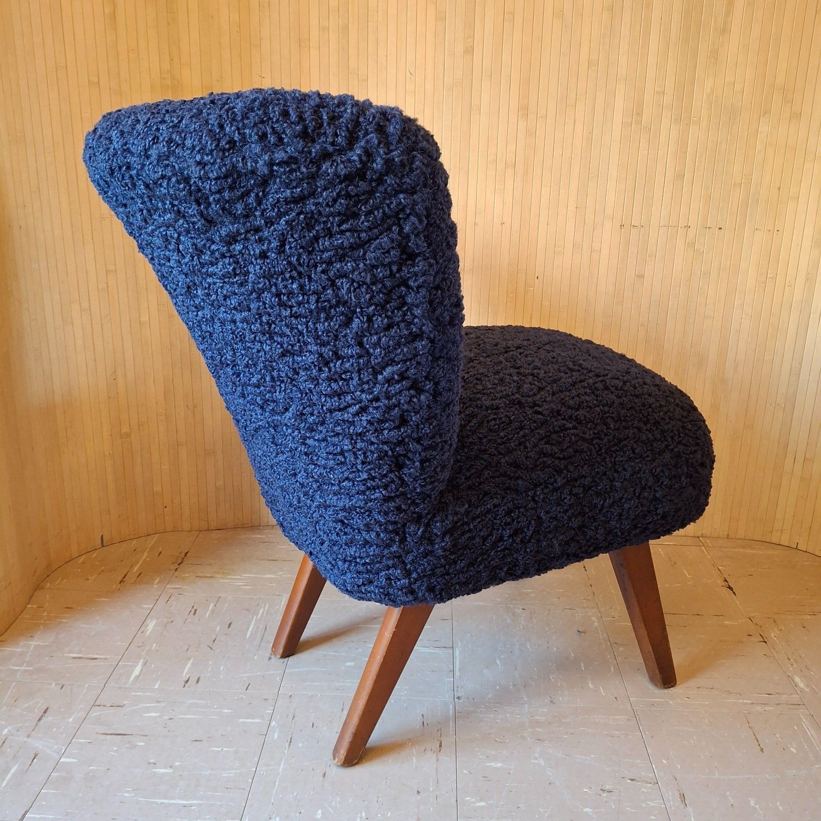 290.0 Fab Vintage Mid Century German Bartholomew Cocktail Chair Navy Ink Blue Faux Fur photo