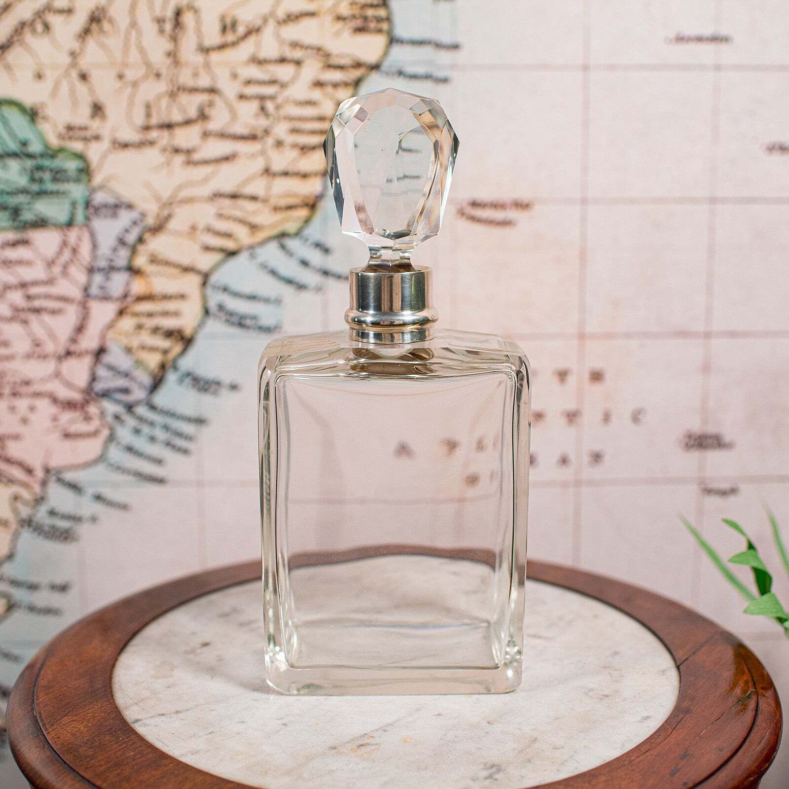 Antique Whiskey Decanter, English Glass Scotch Bottle, Silver Collar, Hallmarked photo for sale