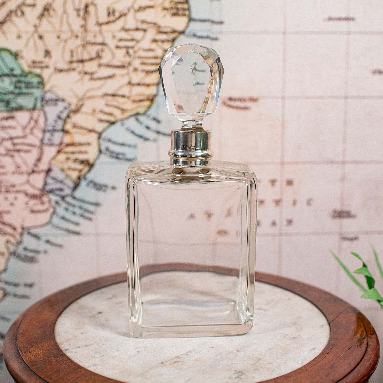 Antique Whiskey Decanter, English Glass Scotch Bottle, Silver Collar, Hallmarked photo 710.0
