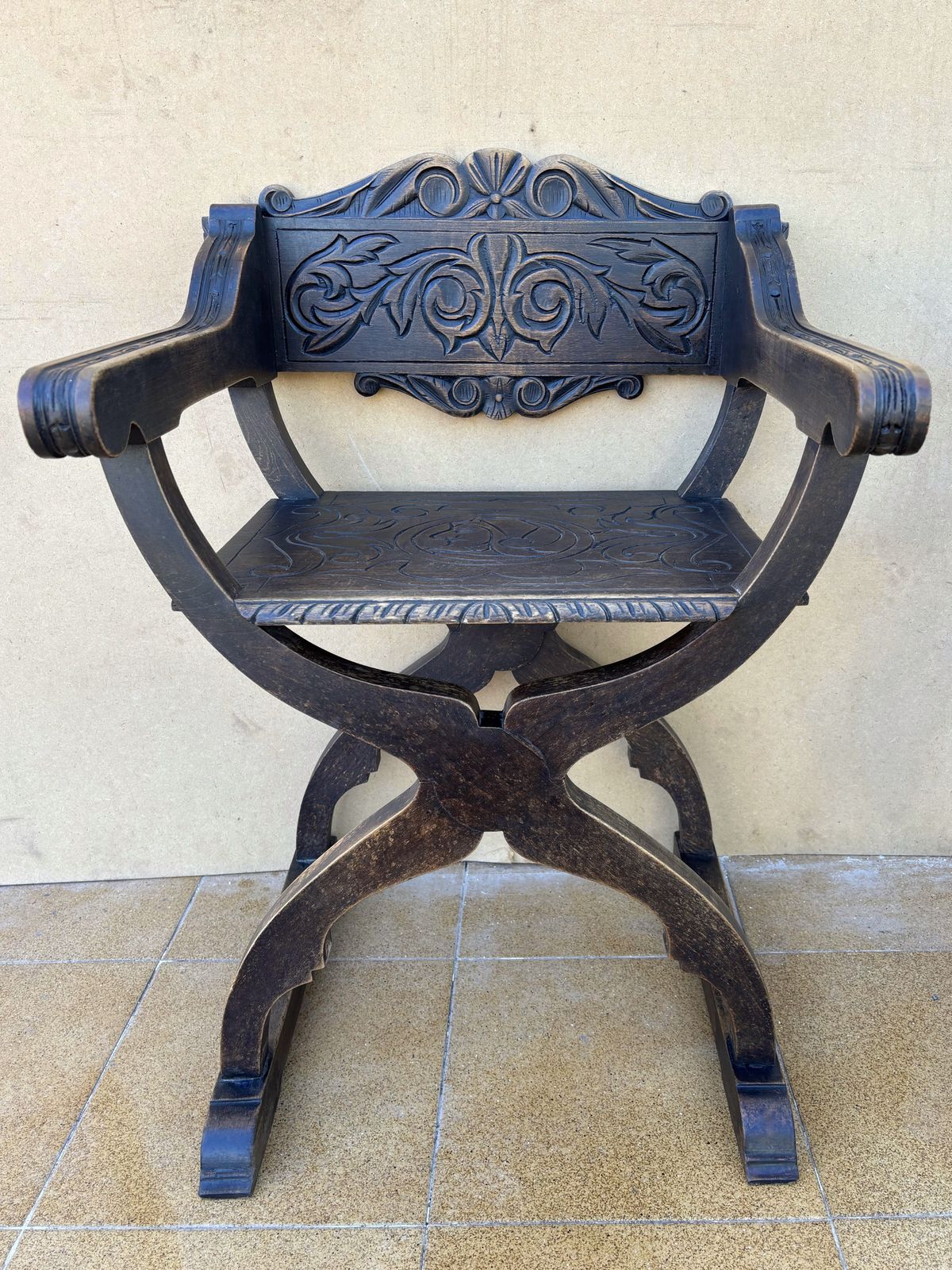 Pair Of Spanish Renaissance Revival Carved Savonarola Chairs, Early 20th Century photo for sale