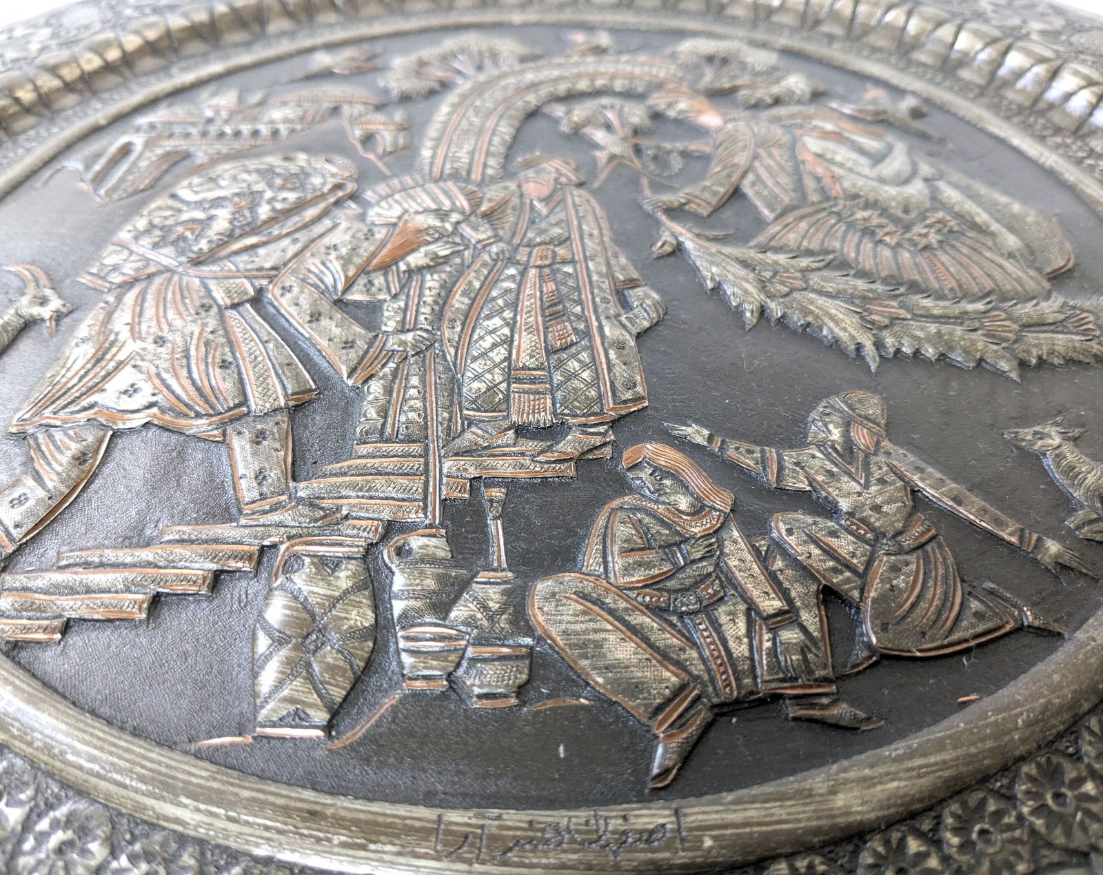 photo for sale Antique Islamic Qajar Tinned Brass Charger With Intricate Hammered And Etched Scenery