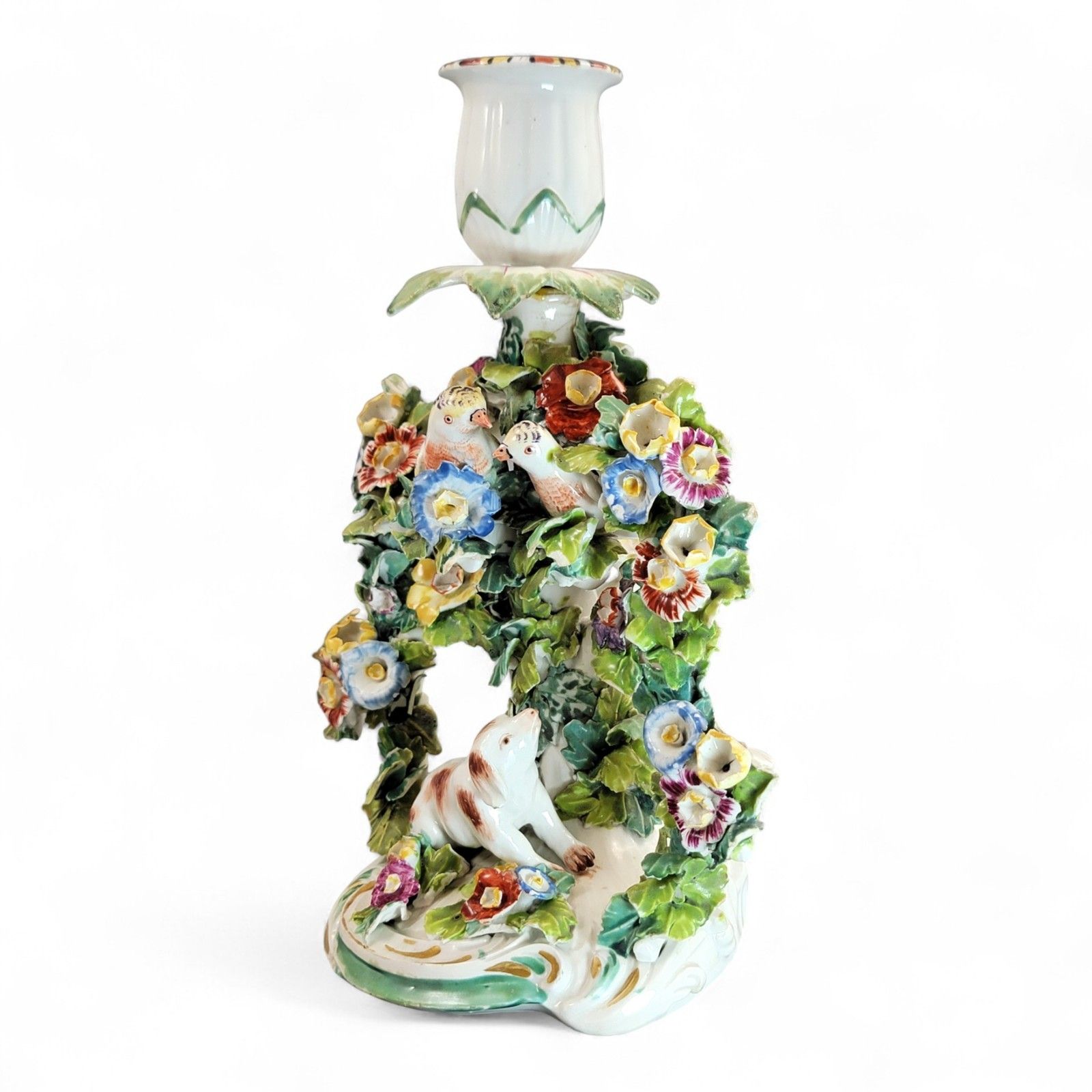 Georgian Derby Porcelain “Fable” Candlestick C.1760, Dog & Birds, Rococo Base photo furniture