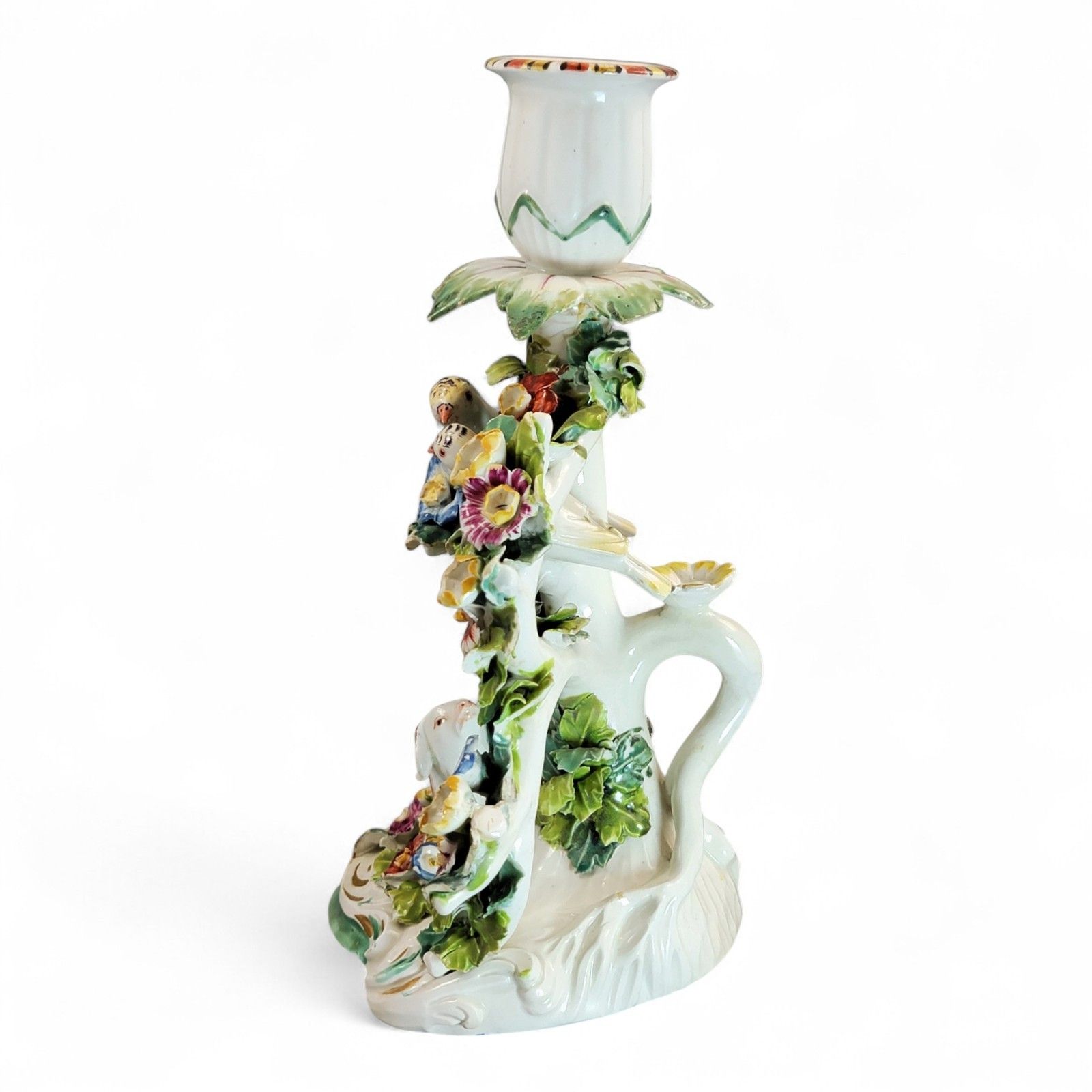 Georgian Derby Porcelain “Fable” Candlestick C.1760, Dog & Birds, Rococo Base photo Home Decor