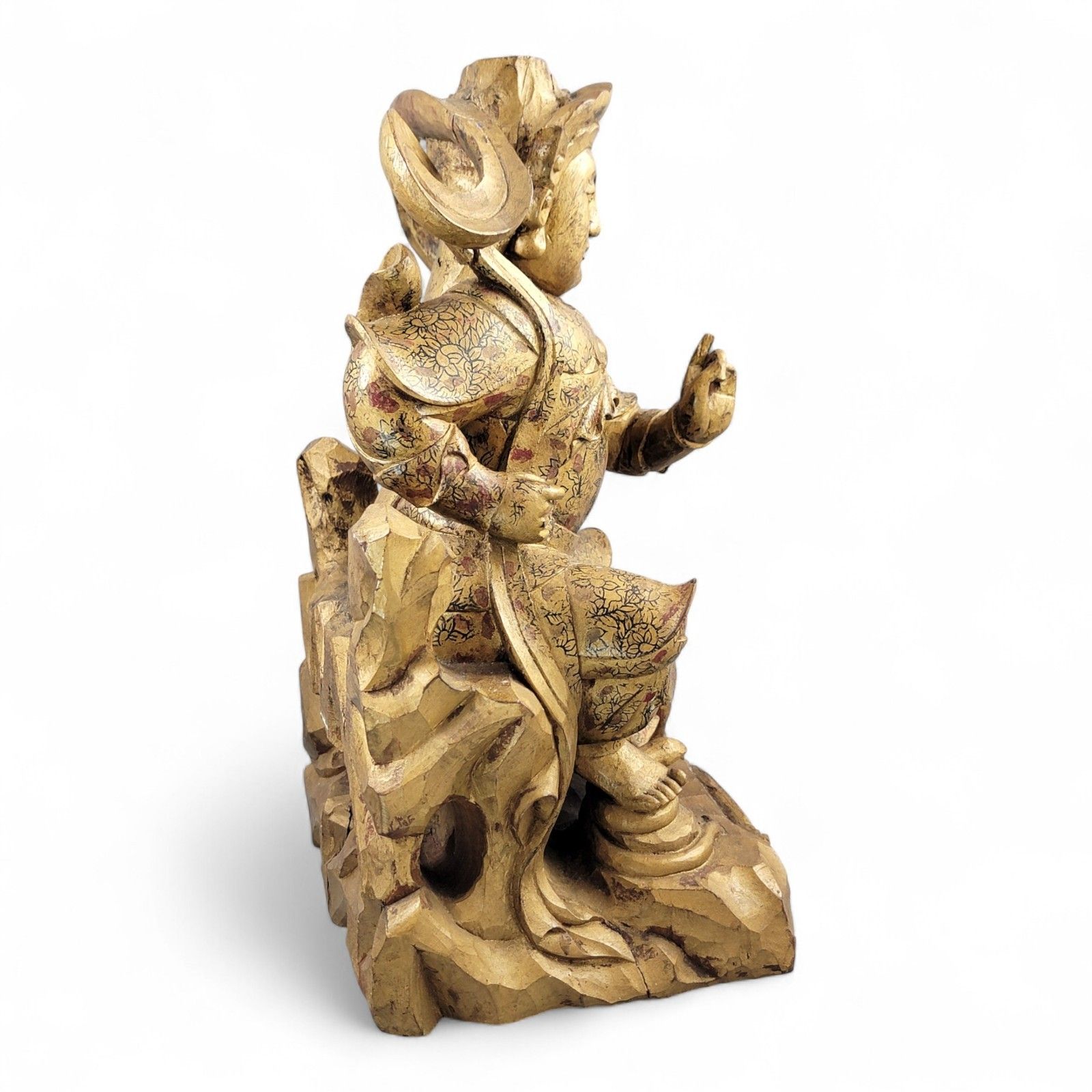 Large 19th Century Chinese Temple Guardian “Zhenwu”, Gilt Painted Wood Figurine photo vintage