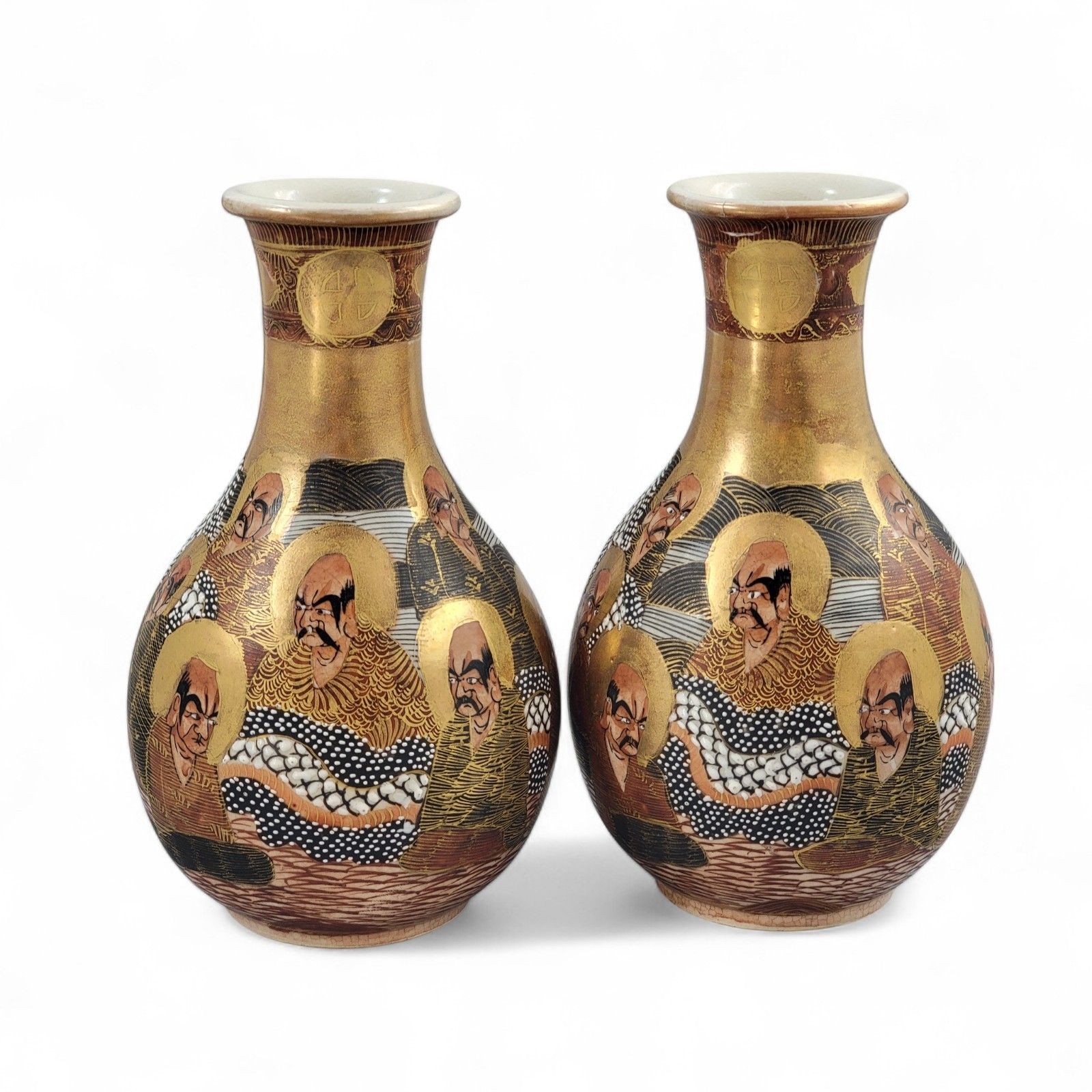Antique Japanese Satsuma Gilt Vases Pair, Kyoto Arhats Design, C. 1890–1910 photo Home Decor