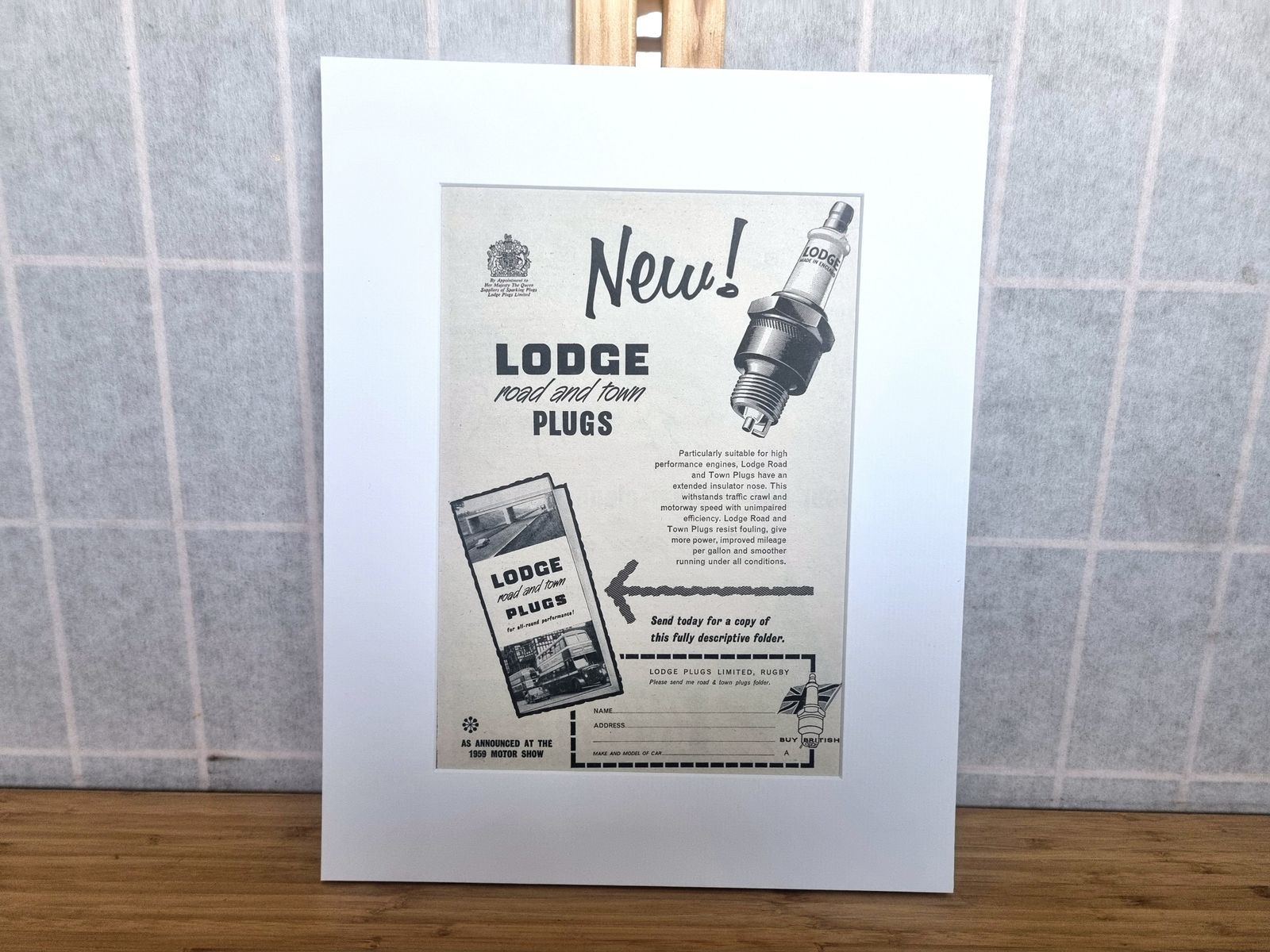 Vintage Motor Advert Print, Lodge Road Town Plugs, 1950s British Spark Plug Advertisement, Classic Car Wall Art, Mounted photo 55.0