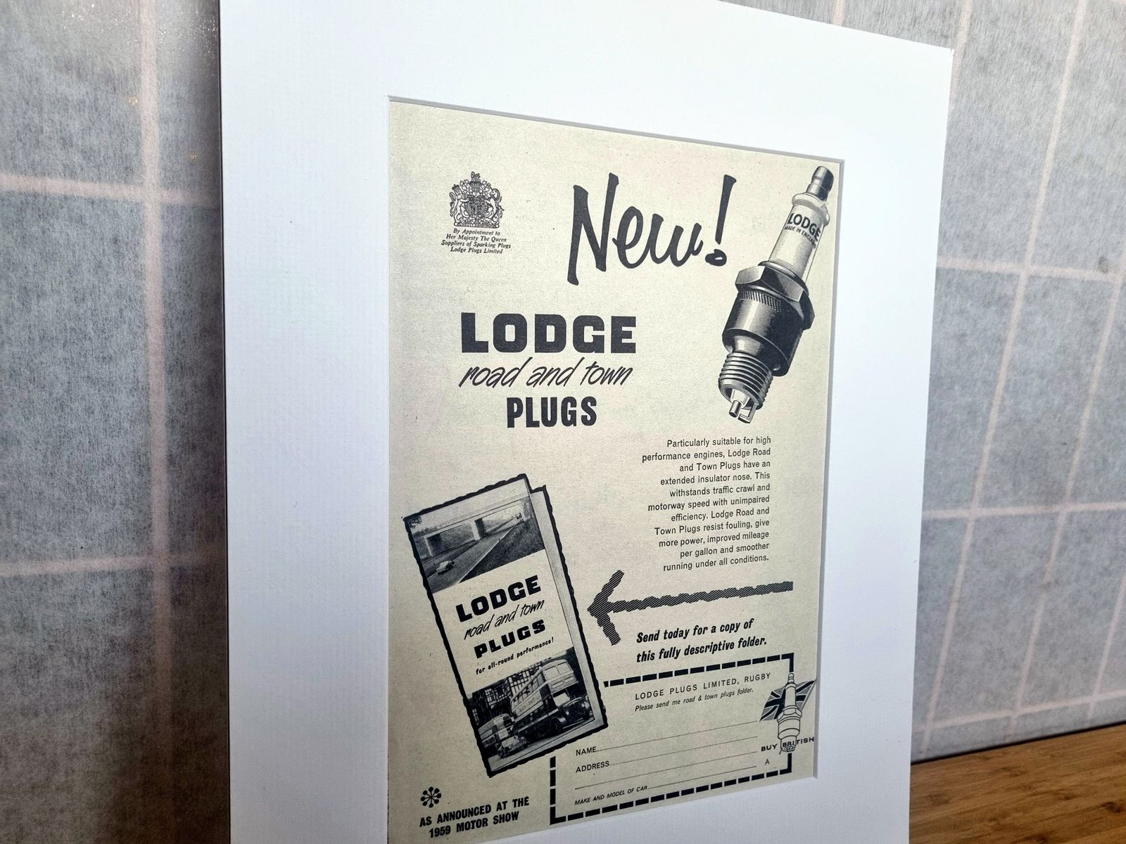 Vintage Motor Advert Print, Lodge Road Town Plugs, 1950s British Spark Plug Advertisement, Classic Car Wall Art, Mounted photo buy