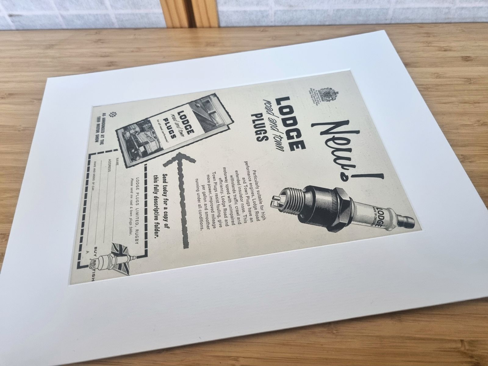 photo for sale Vintage Motor Advert Print, Lodge Road Town Plugs, 1950s British Spark Plug Advertisement, Classic Car Wall Art, Mounted