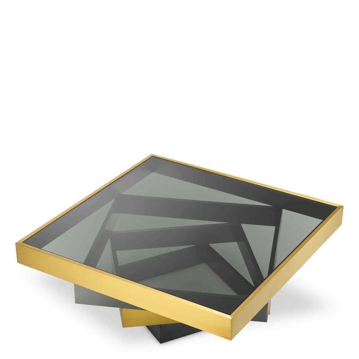 Coffee Table In Brushed Brass, Bronze Finish, And Smoked Glass photo for sale
