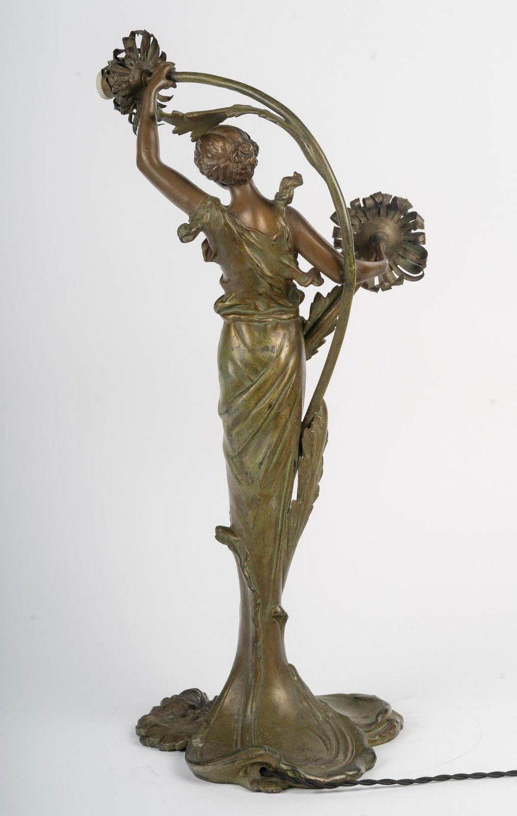 Art Nouveau Period Table Lamp, Circa 1900, Depicting A Woman With A Water Lily. photo vintage