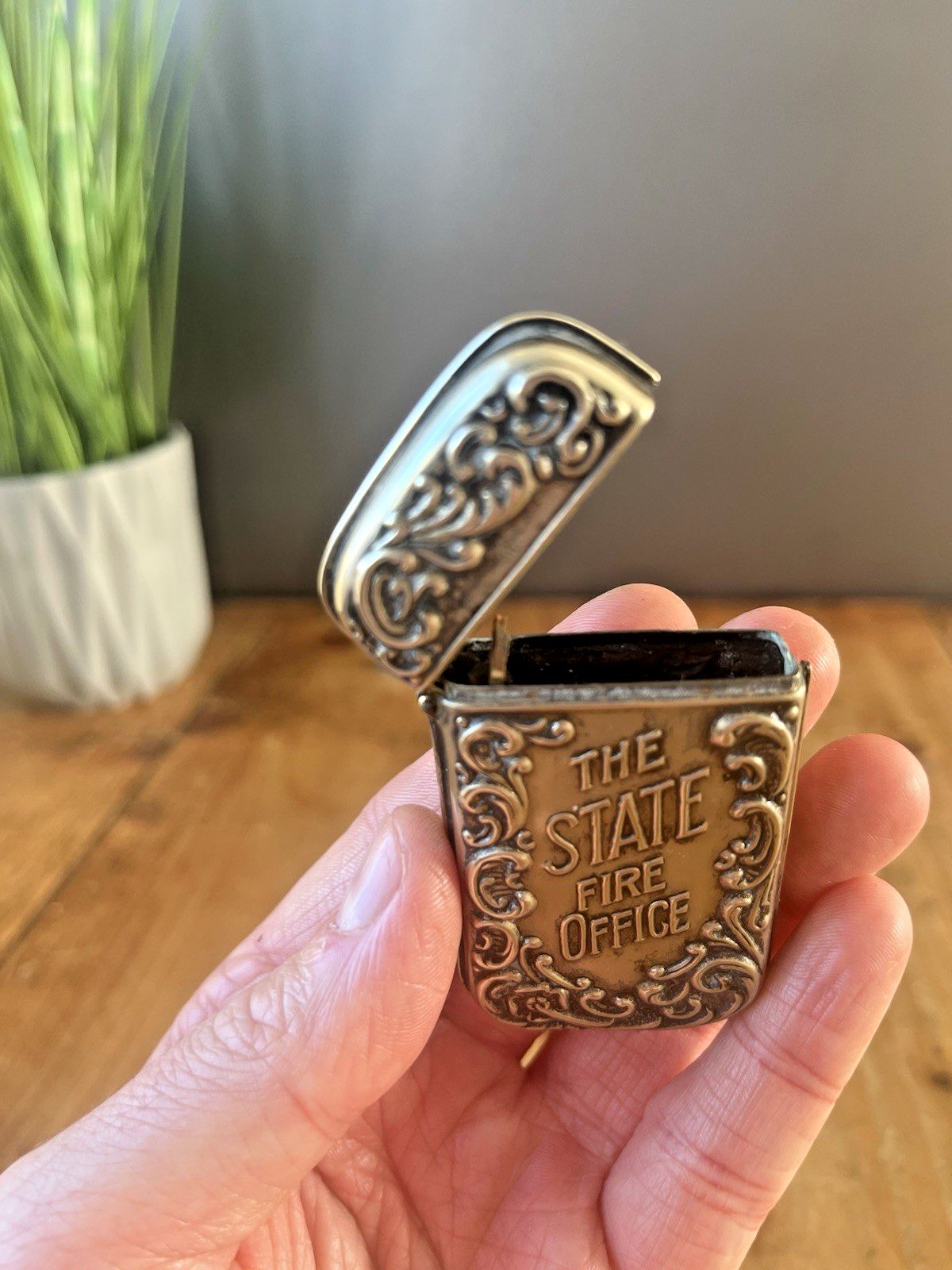 Antique Art Nouveau White Metal The State Fire Office Sf Vesta Case Match Holder photo Home Decor