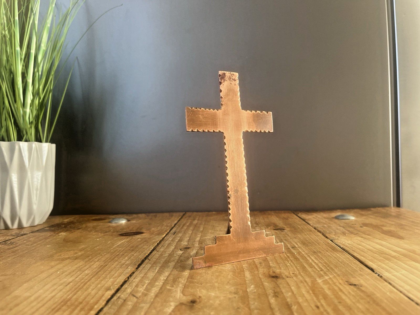 Antique Art Deco Stepped Base Freestanding Copper Crucifix Church Cross Jesus photo for sale