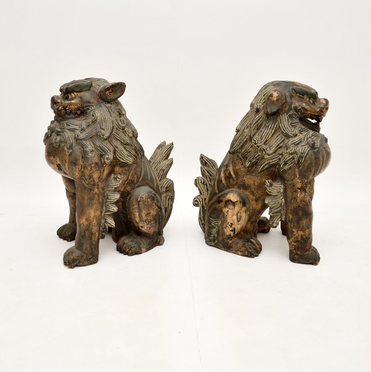 Pair Of Antique Chinese Carved Wood Foo Dog Statues photo Art