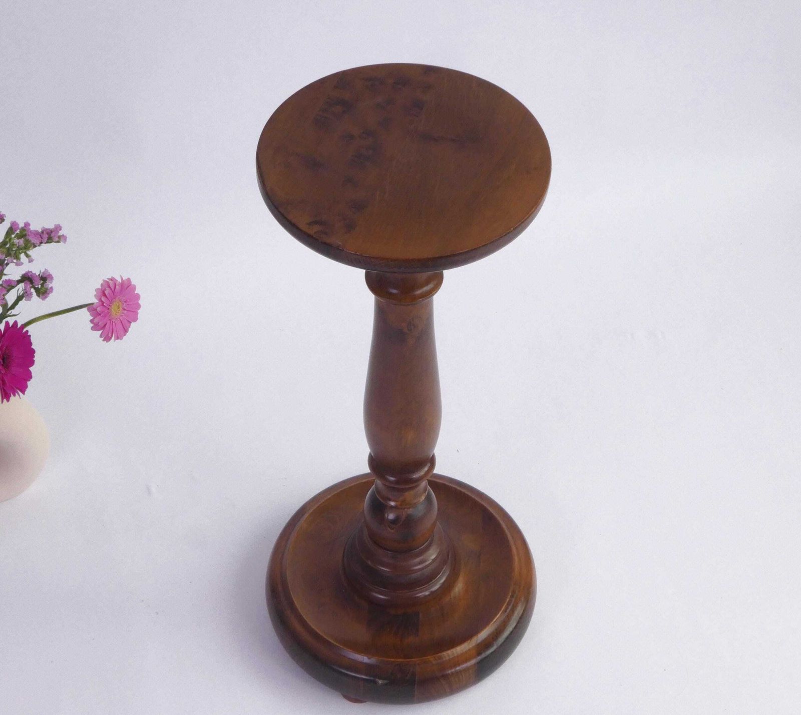 Small Oak French Pedestal, Wood Carved Plant Stand, Farmhouse Decor Side Table photo for sale