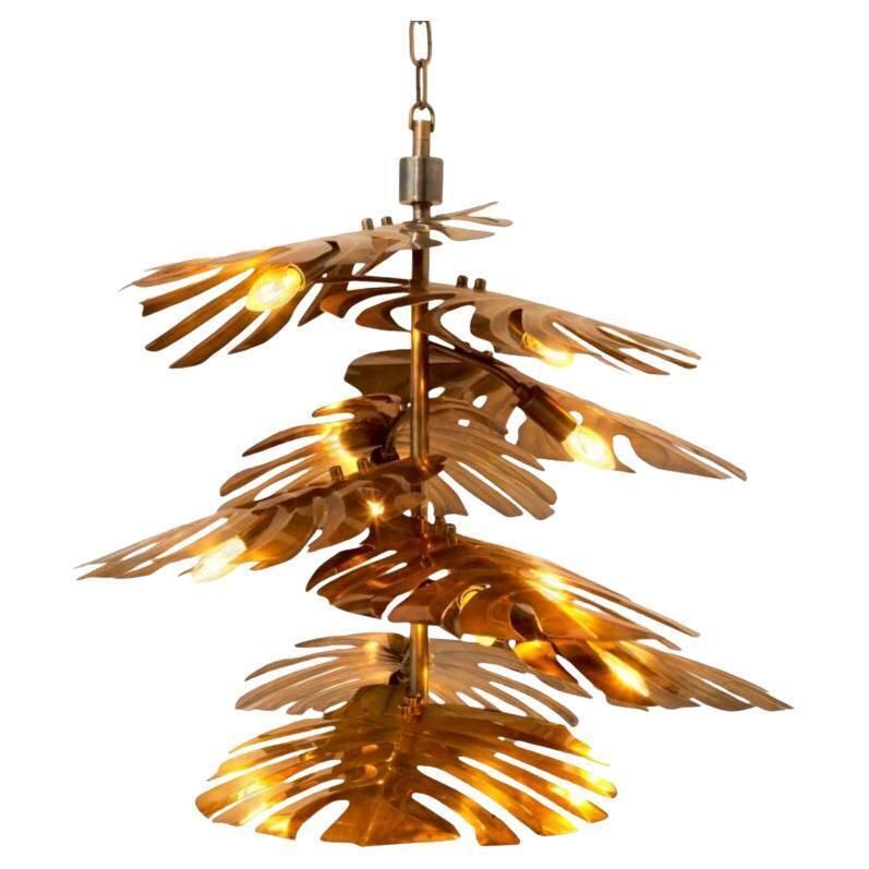 Vintage Brass Tropical Style Chandelier With A Sculptural Leaf Design  1