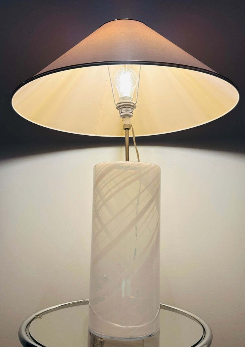 1980s ‘Misty’ Torben Jorgensen For Holmegaard Cylindrical Opaque Swirled Glass Table Lamp Inc Shade photo for sale
