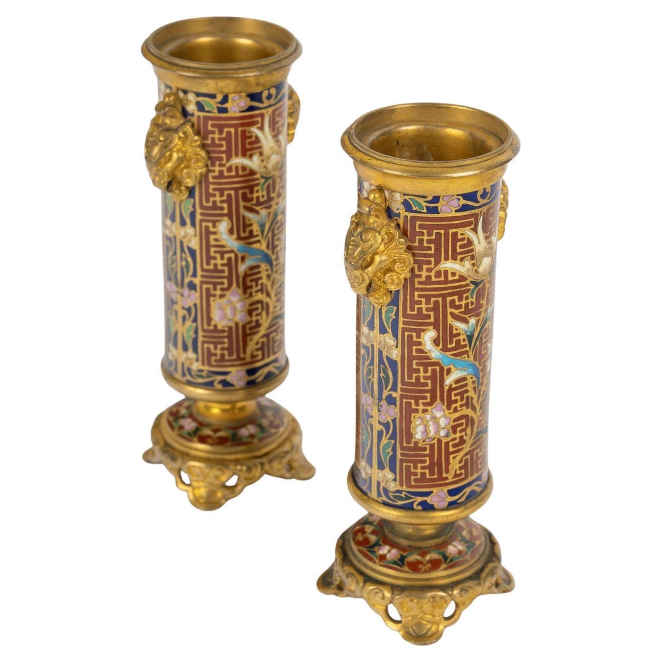 Pair Of Gilt Bronze And Cloisonné Enamel Candlesticks, Napoleon III Period.