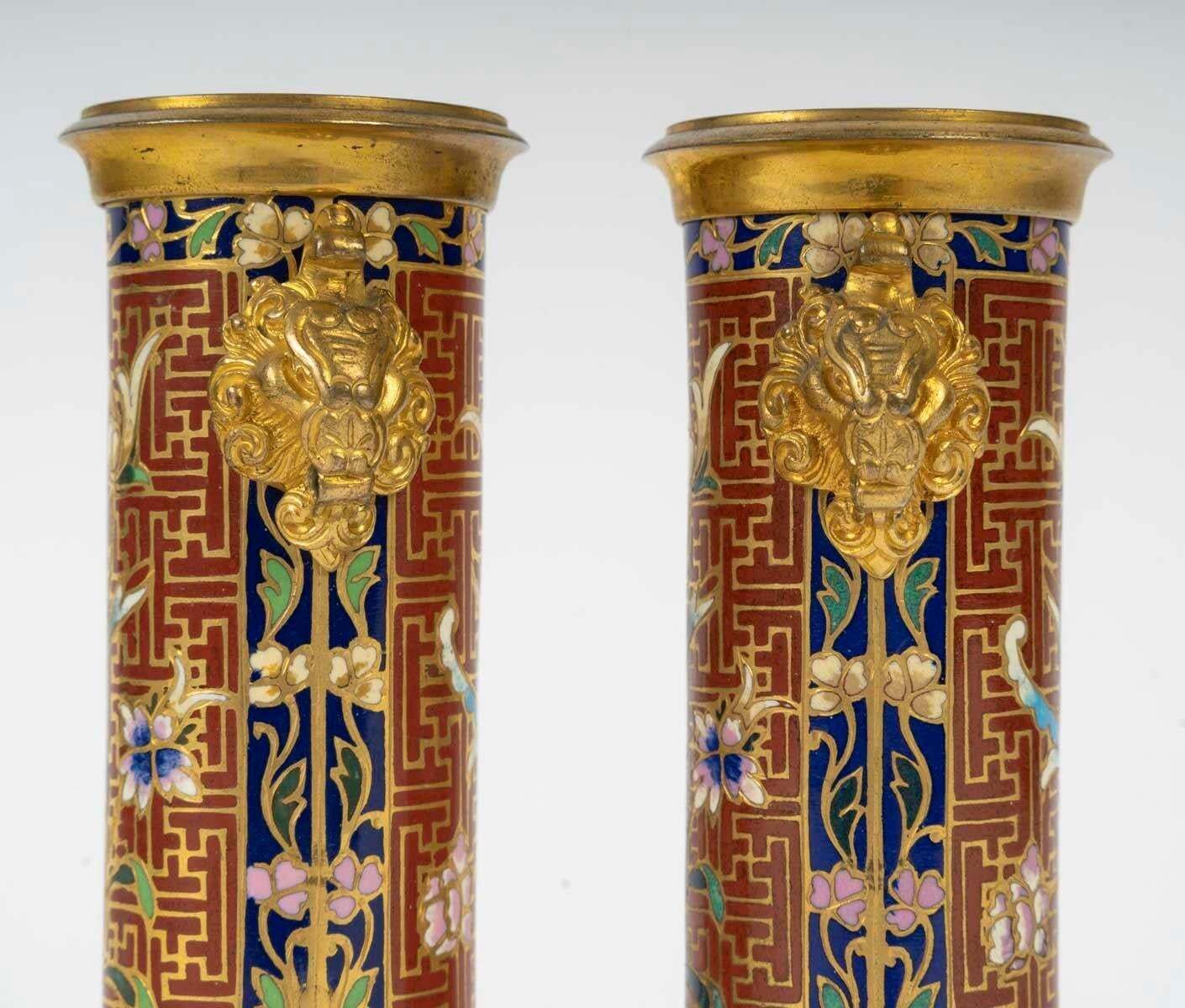 Pair Of Gilt Bronze And Cloisonné Enamel Candlesticks, Napoleon III Period. photo for sale