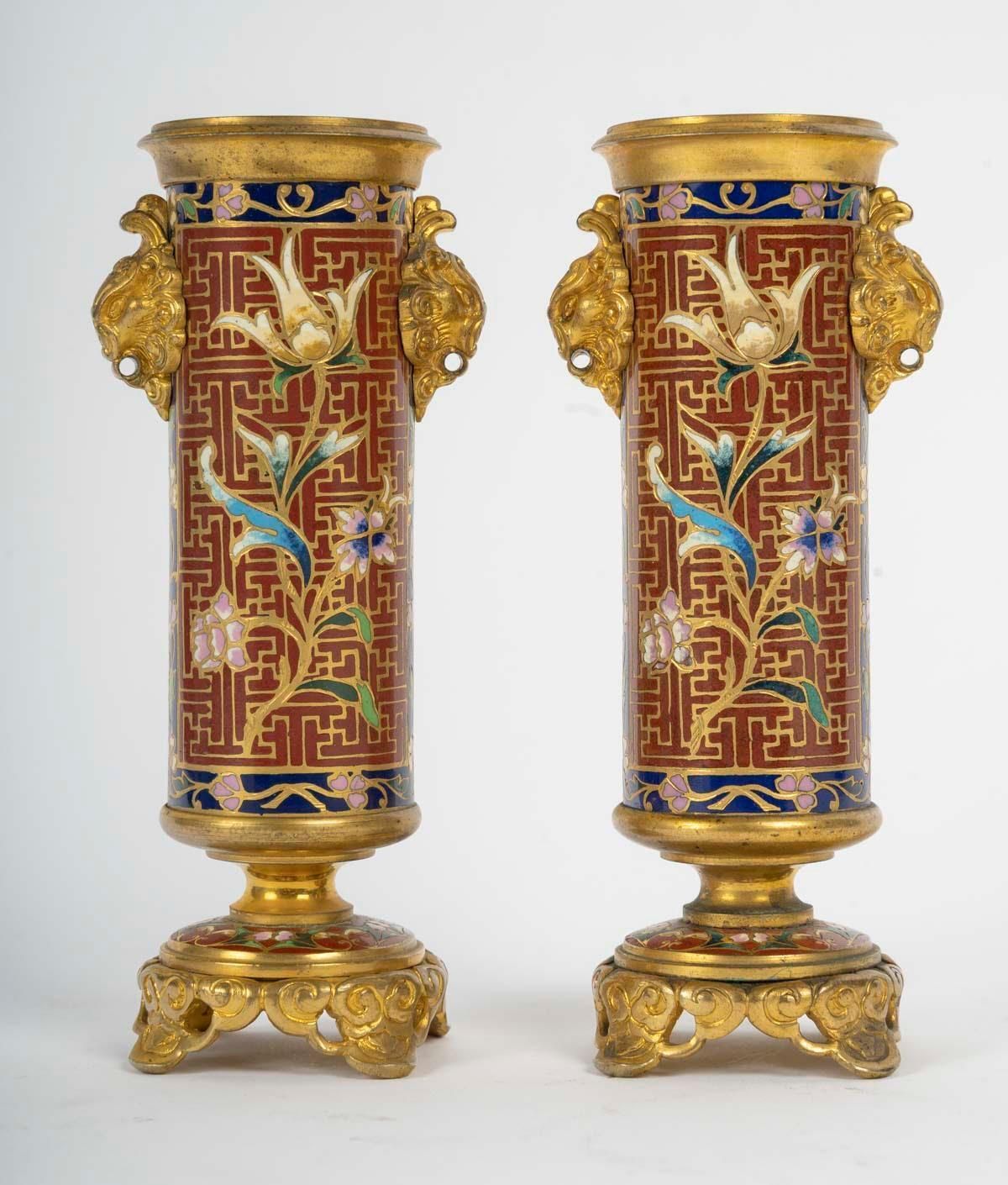 Pair Of Gilt Bronze And Cloisonné Enamel Candlesticks, Napoleon III Period. photo 3110.0