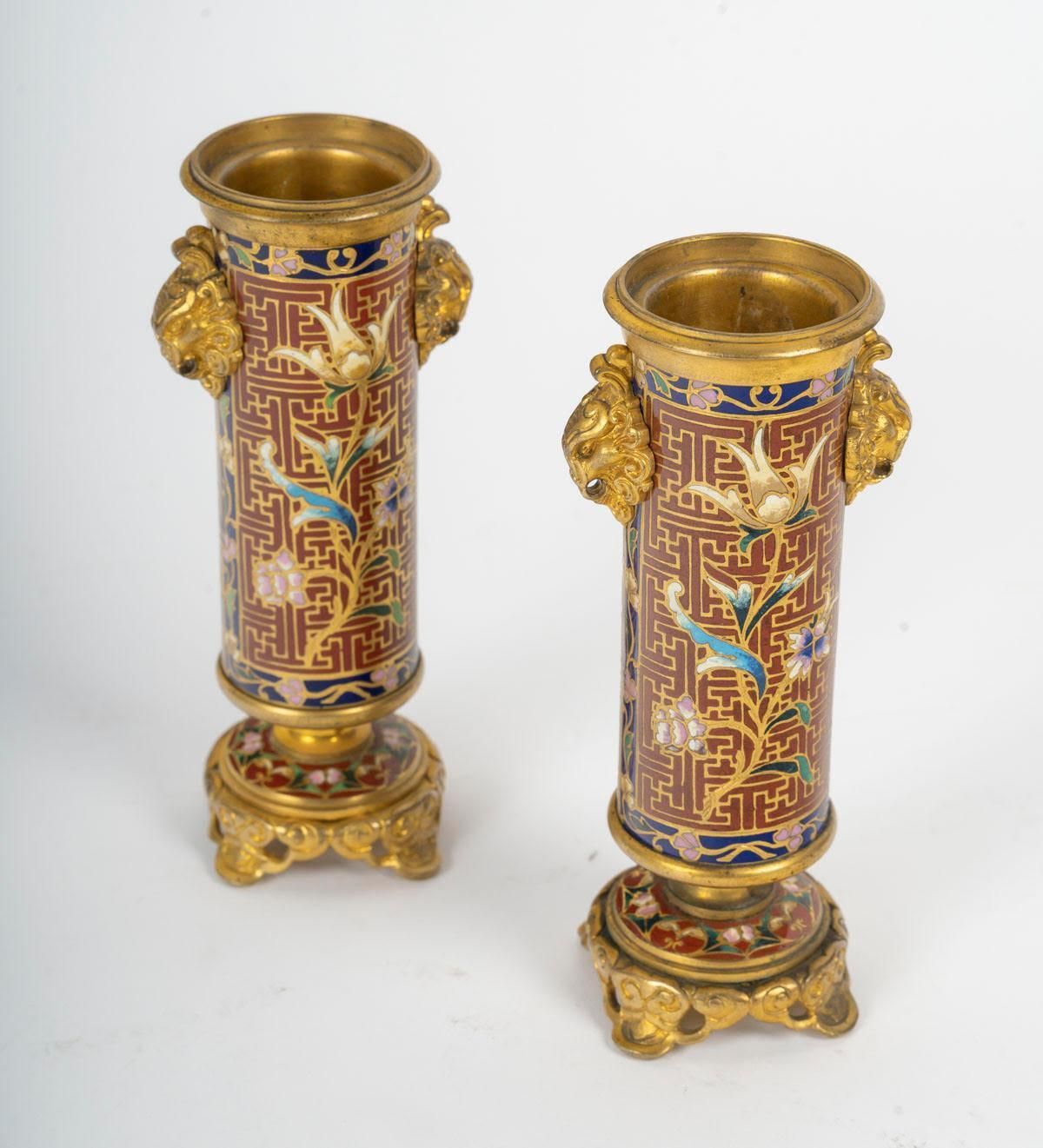 Pair Of Gilt Bronze And Cloisonné Enamel Candlesticks, Napoleon III Period. photo vinterior