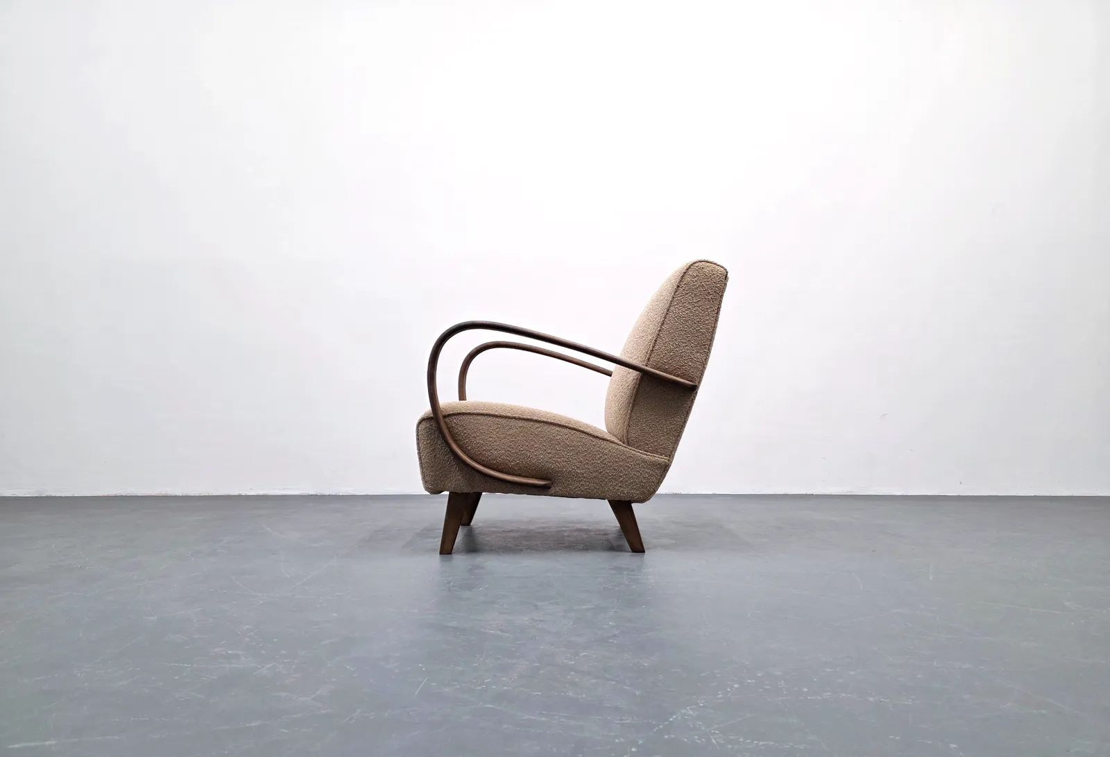 1930 Jindrich Halabala Bentwood Armchair In Dark Beige Boucle photo for sale