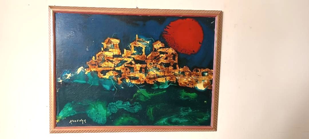 Abstract Painting Gold Leaf And Enamel Enzo Kocevar 70s photo for sale