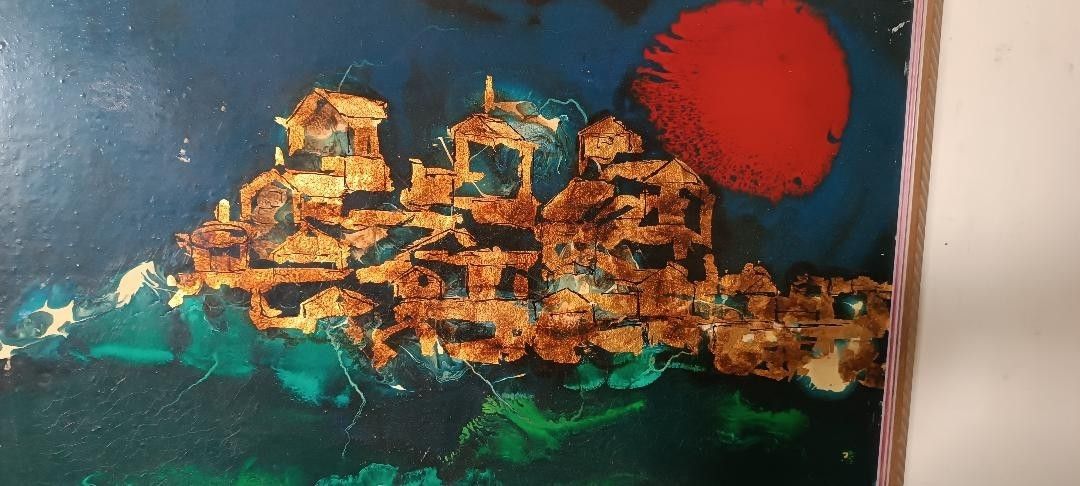 Abstract Painting Gold Leaf And Enamel Enzo Kocevar 70s photo 136.0