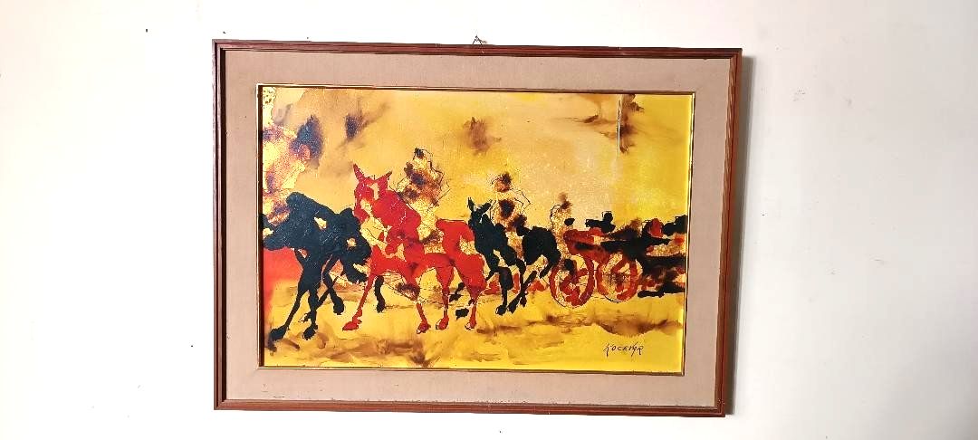 Abstract Painting Gold Leaf And Enamel Enzo Kocevar 70s Horse Horses photo furniture