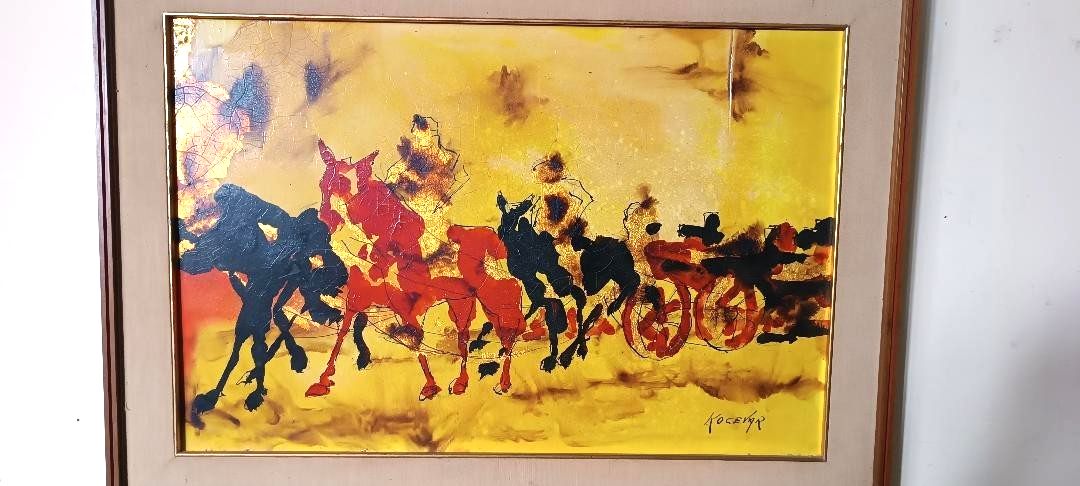Abstract Painting Gold Leaf And Enamel Enzo Kocevar 70s Horse Horses photo for sale