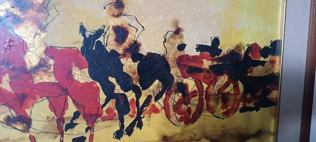 Abstract Painting Gold Leaf And Enamel Enzo Kocevar 70s Horse Horses photo vinterior