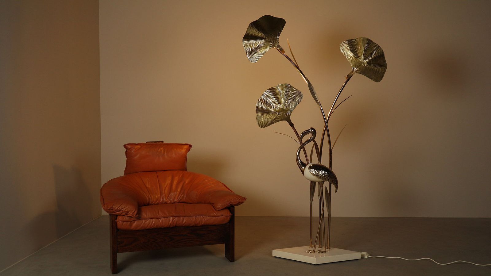 Large Brass Flamingo Floor Lamp With Sculptural Ginkgo Leaves, 1970s photo vinterior