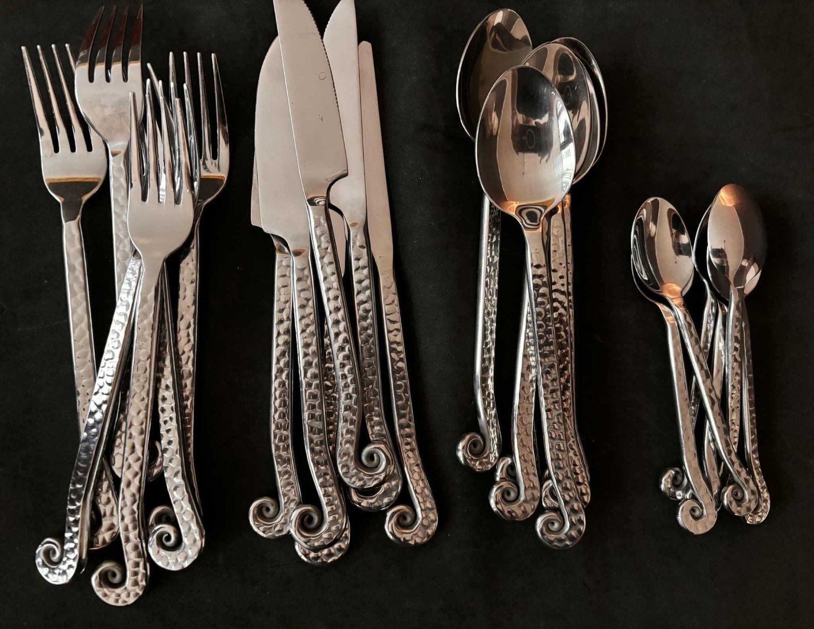 photo for sale Vintage French Swirl Twist Flatware Set   24 Piece Hammered Medieval Style Stainless Steel