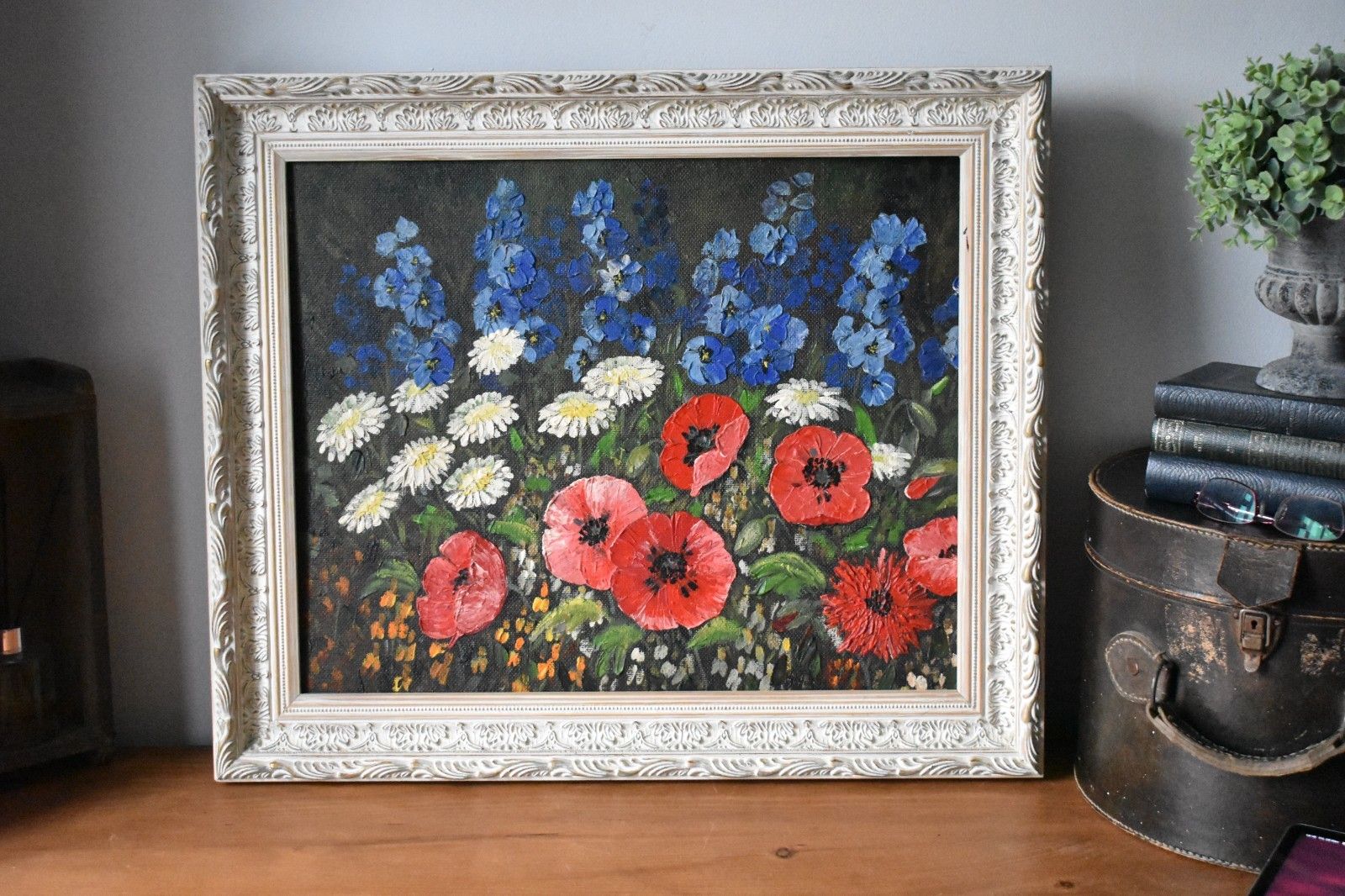Large Original Vintage Floral Acrylic On Board Painting Wooden Ornate Frame (M)