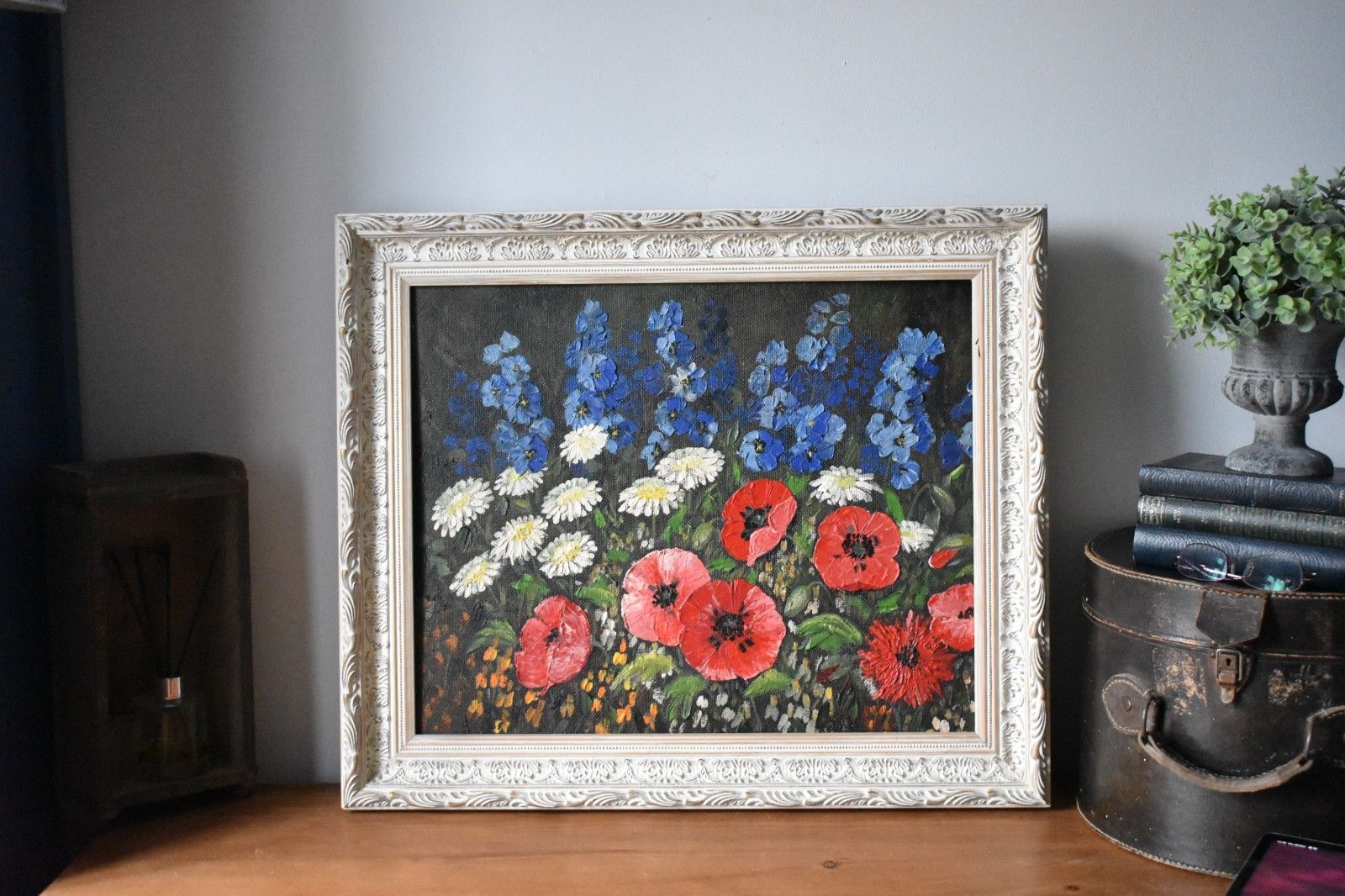 Large Original Vintage Floral Acrylic On Board Painting Wooden Ornate Frame (M) photo for sale
