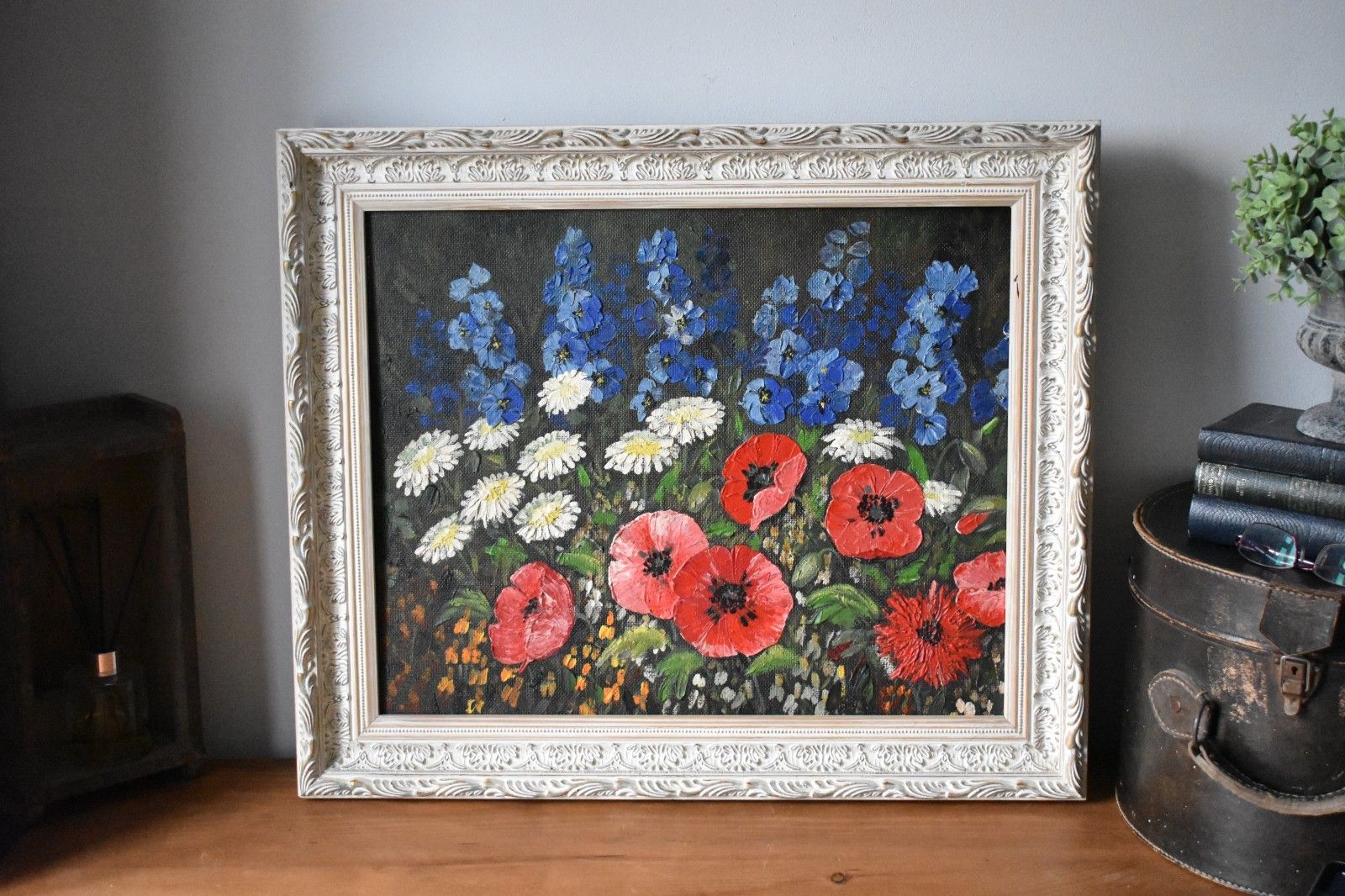 Large Original Vintage Floral Acrylic On Board Painting Wooden Ornate Frame (M) photo 75.0