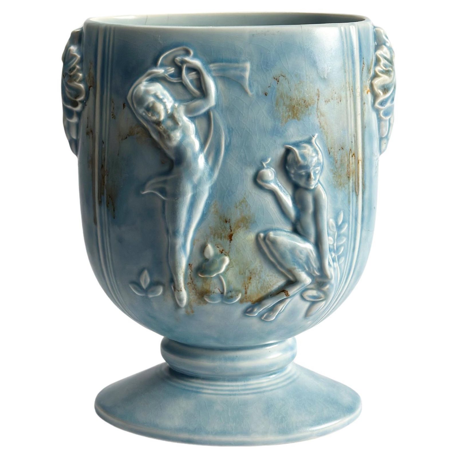 1930s Pale Blue Art Deco Vase With Pan And Nymph Relief, Beswick