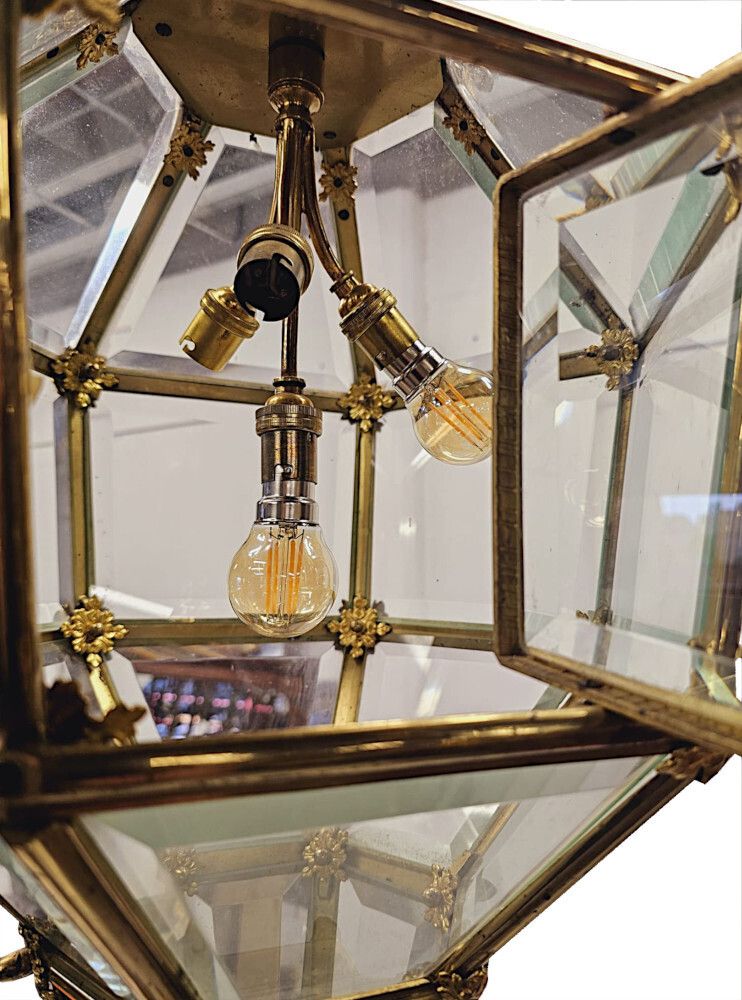 A Very Rare Early 20th Century Gilded Bronze Hall Lantern With Bevelled Glass photo 4822.7755