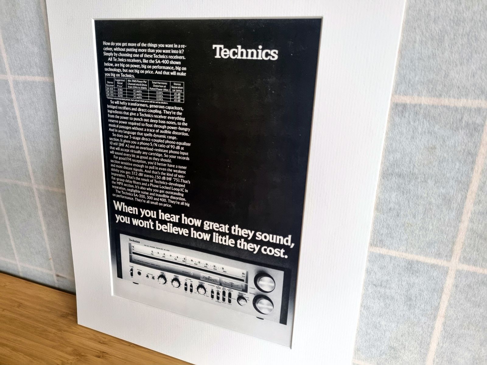 Vintage Hi Fi Advert Print, Technics Stereo Receiver Advertisement, 1970s Audio Equipment Print, Classic Hi Fi Wall Art, Mounted Display