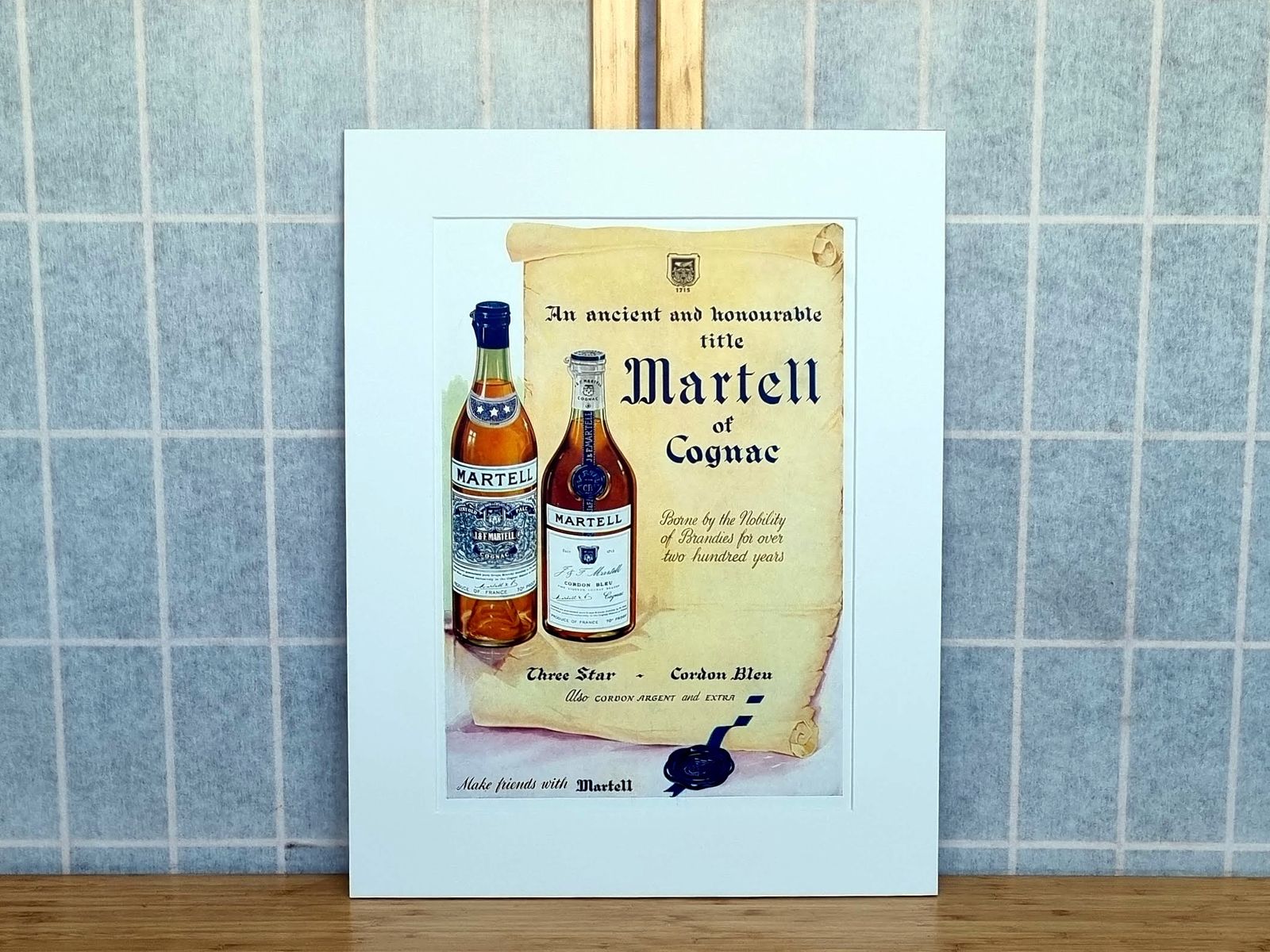 French Cognac Advertisement Print, Martell Cognac Scroll Design, 1950s Magazine Page Mounted, Classic Spirits Ephemera photo for sale