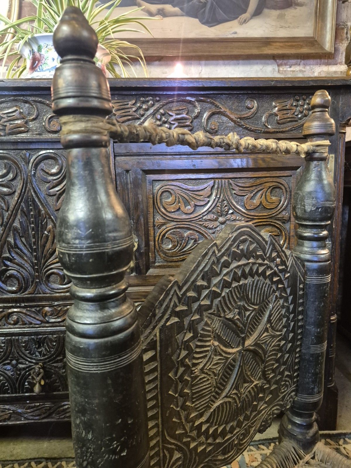 Magical Early 19th Century Matched Pair Of Nuristani Swat Valley Bedouin Cedar Ethnic Tribal Chairs photo vinterior