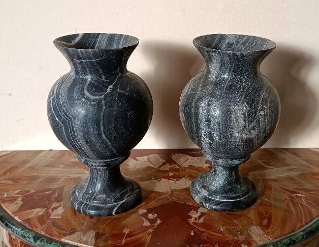 Pair Of Black Serpentine Marble Urns, Early 20th Century, Empire Style