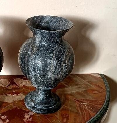 Pair Of Black Serpentine Marble Urns, Early 20th Century, Empire Style photo Home Decor