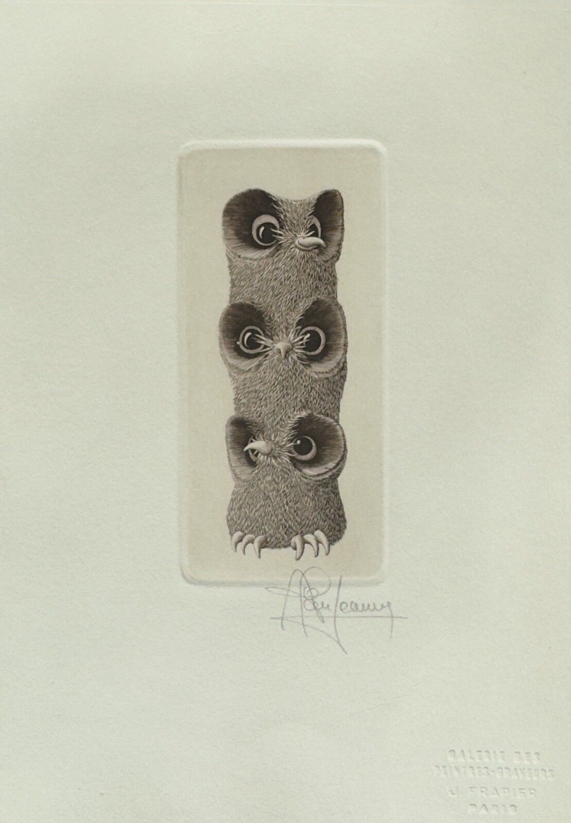 Alain Jeanne (1945) Original Engraving Signed Les Trois Chouettes