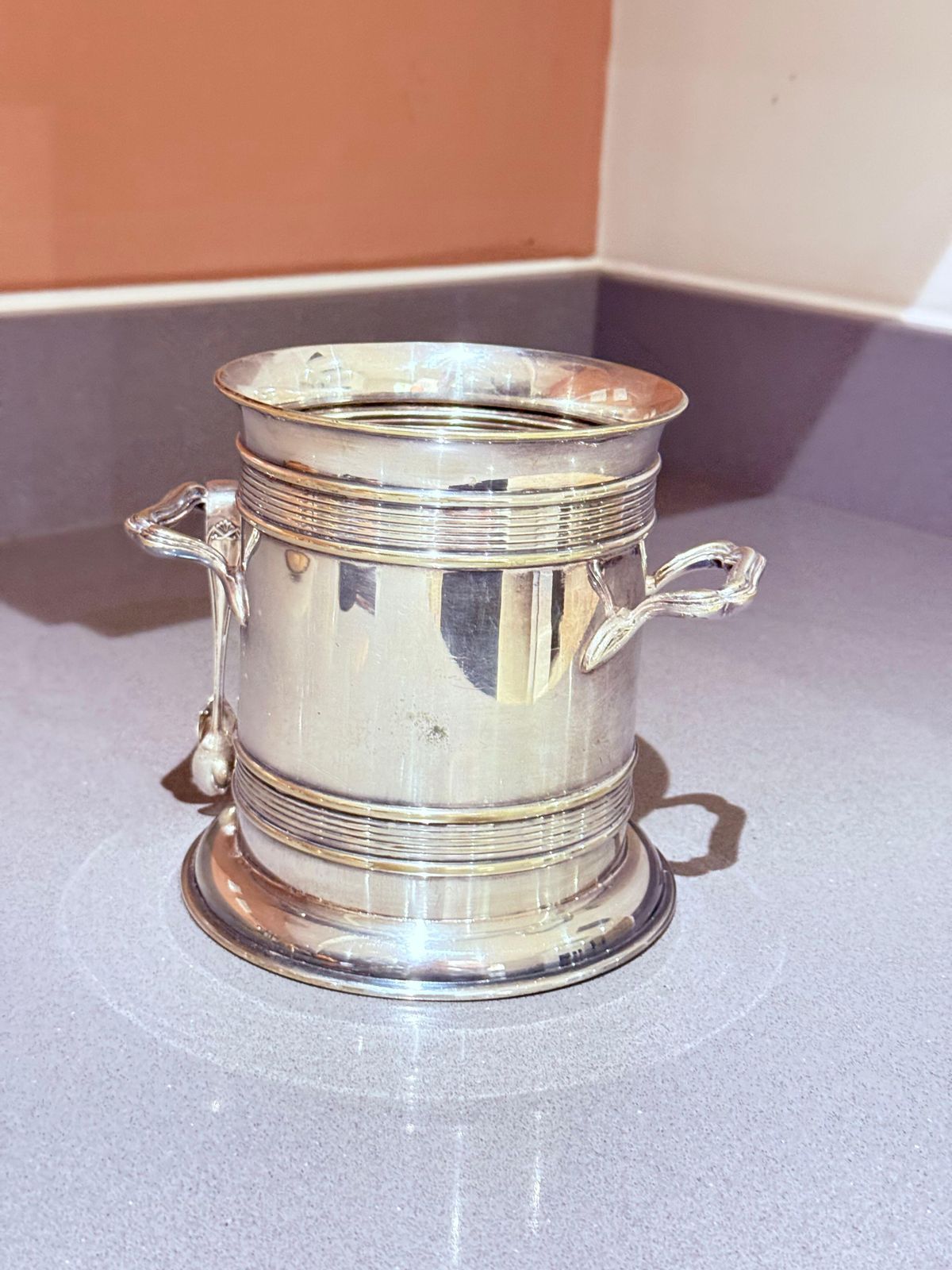 Antique Silver Plated Ice Bucket With Original Tongs, 23 × 16 Cm — Early 20th photo vintage
