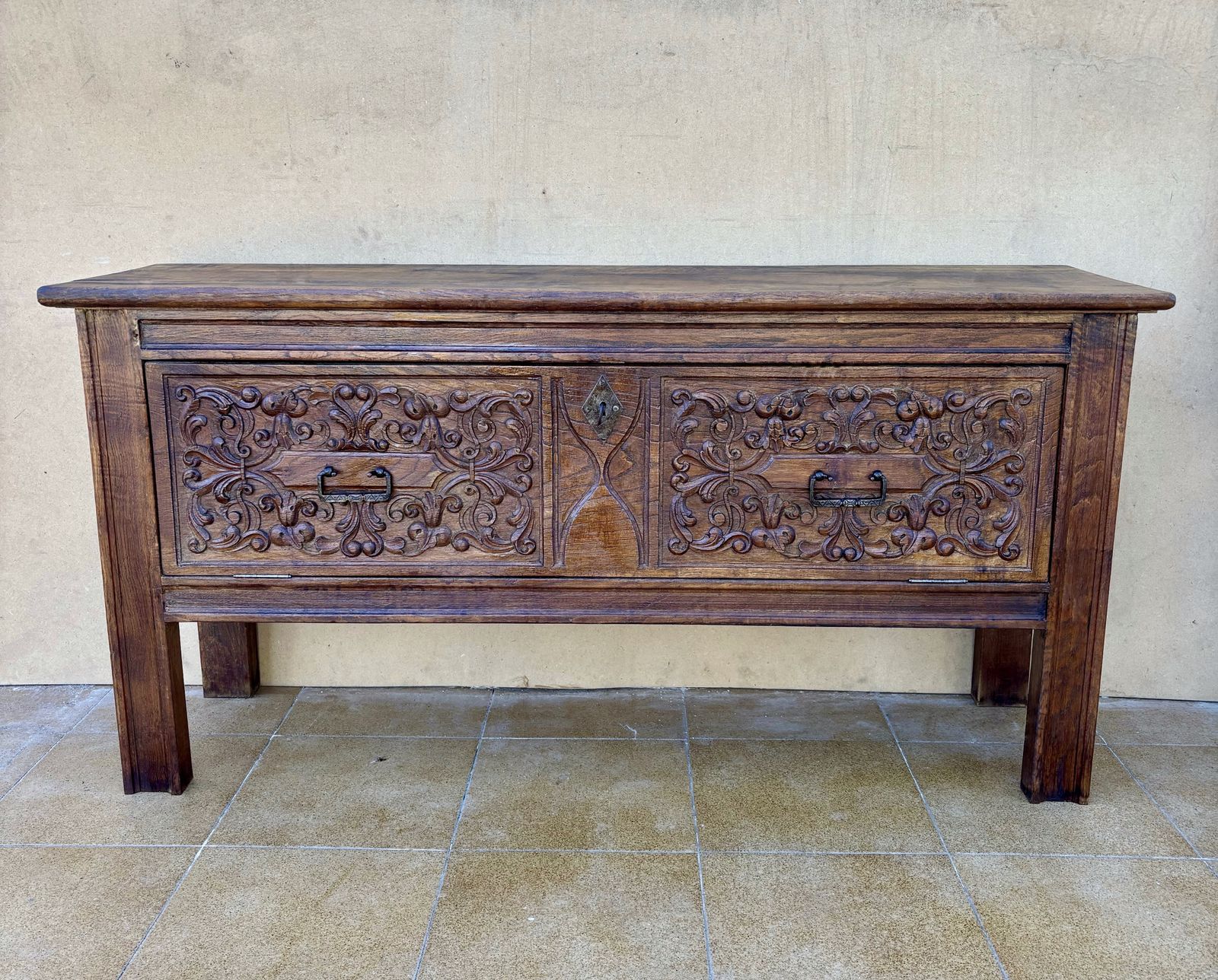 Antique Hand Carved Wooden Chest With Decorative Panels photo furniture