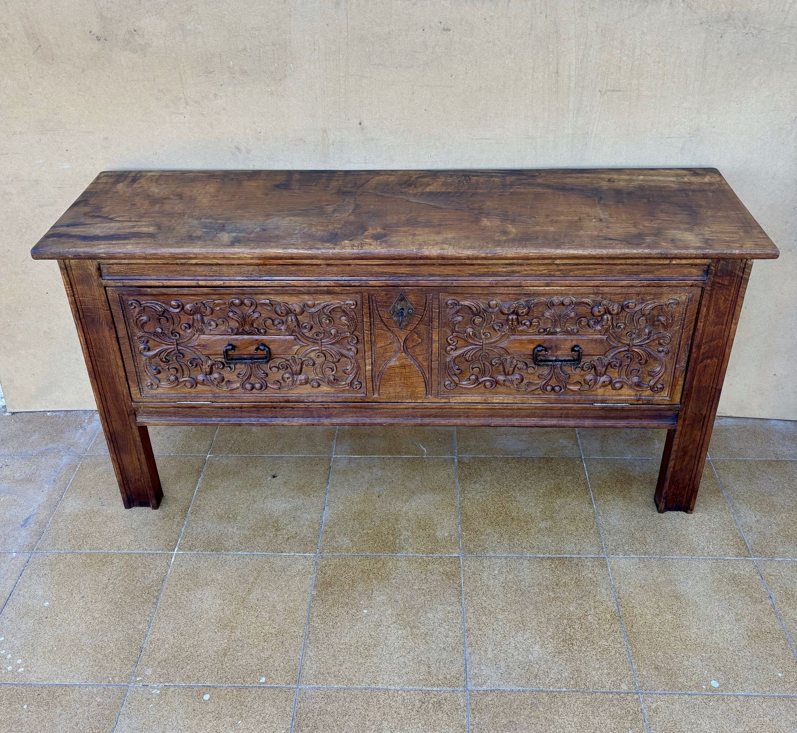 Furniture Antique Hand Carved Wooden Chest With Decorative Panels photo